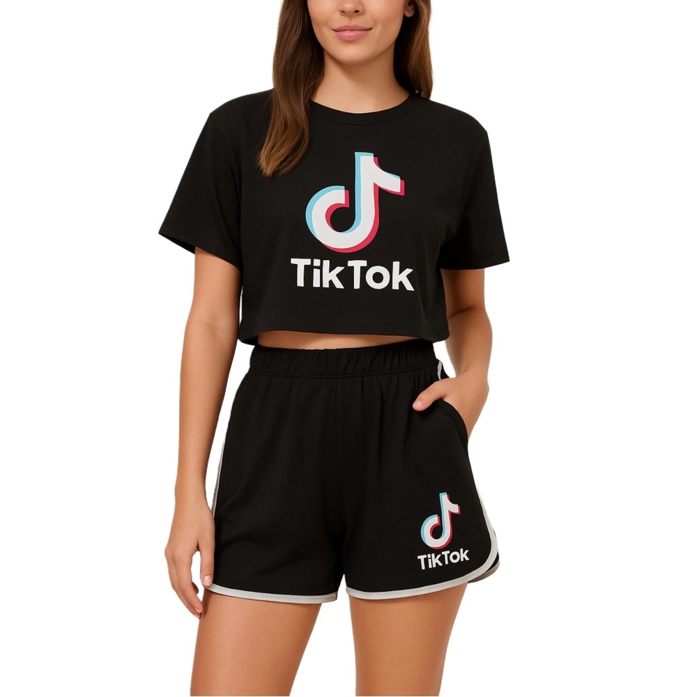 TikTok Logo Cropped Tee Shorts Lounge Set Pockets Large Bonus Tik Tok Stickers - Picture 14 of 16